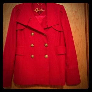 Super cute red wool military pea coat