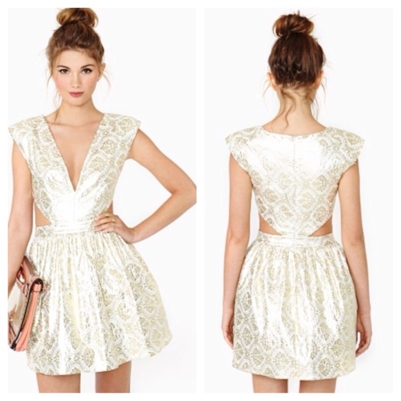 Metallic Gold Brocade Cutout Dress