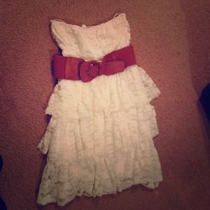White Frilly Lace Dress With Belt