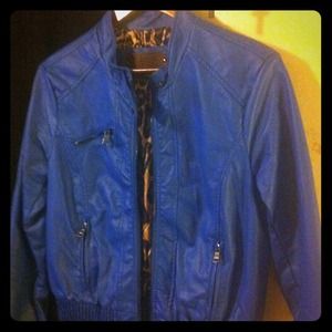 Blue faux leather jacket.