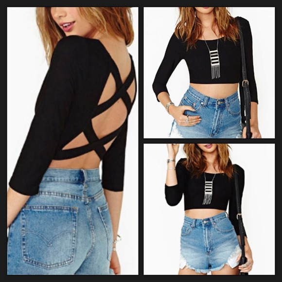 Black Open Back Crop Top - Picture 2 of 7