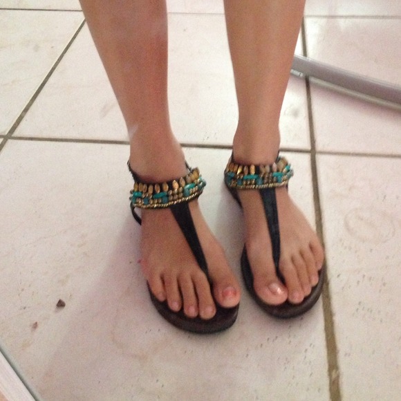 Gold and Aqua beaded sandals