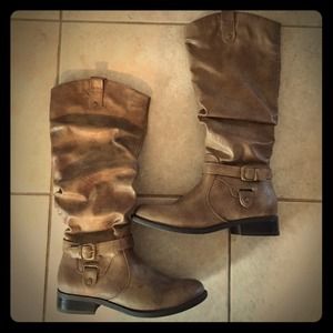 Tan Knee High Boots With Buckles