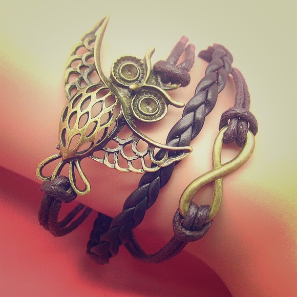 Infinity love and owl leather cut charm bracelet