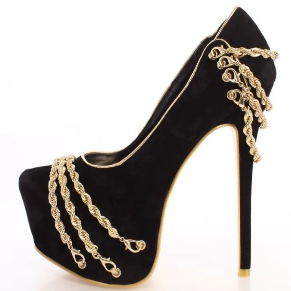 Black platform high heels Gold Chain Size 8