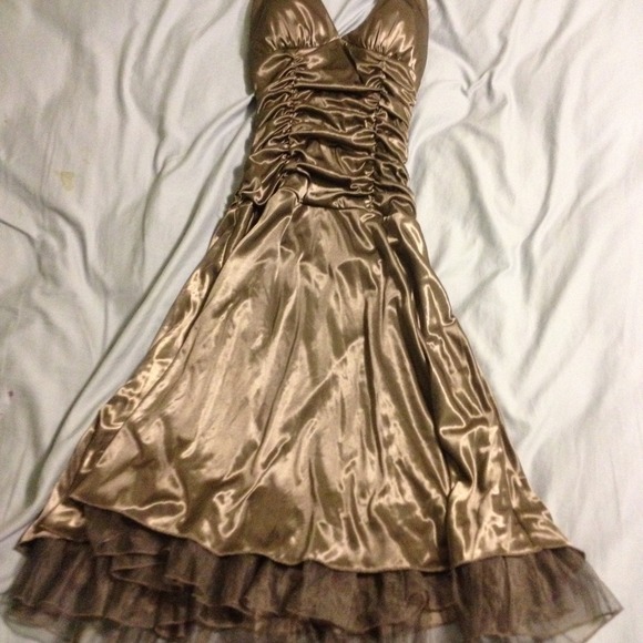 Champagne colored satin formal dress