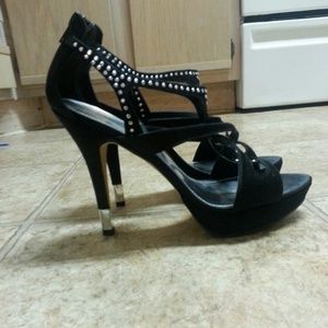Black strap heels with silver rhinestones