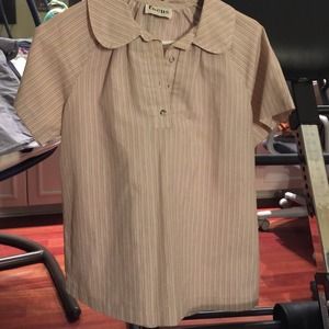 Light pink top w/ tiny navy, gold & maroon stripes