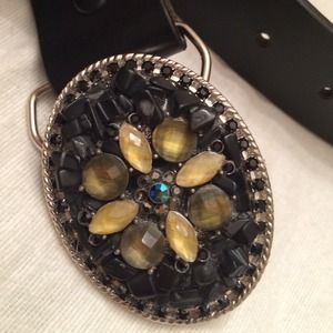 Black leather belt with stone buckle