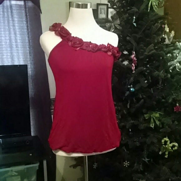 Red one shoulder flower blouse