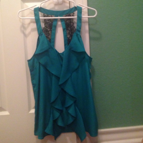 Aryn K emerald silk top with ruffle & lace detail - Picture 1 of 3