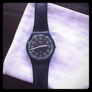 Black leather unisex Swatch watch