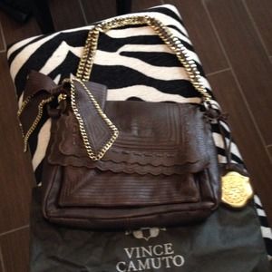 Dark Brown Leather Vince Camuto shoulder chain bag