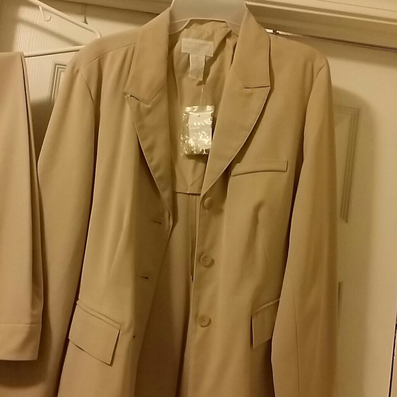 Tan blazer and pants set.