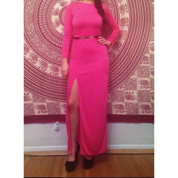 Hot Pink Front Slit Long Sleeve Maxi  Dress