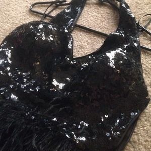 2 BEBE black halter sequins and feather dress