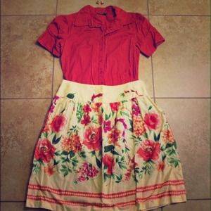 Red flowered yellow skirt