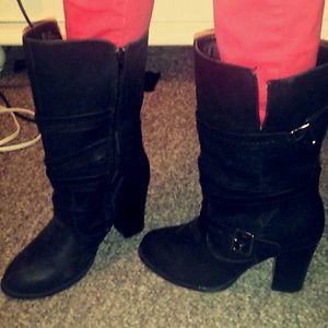 Black zip-up, strap, 2' inch heel boots
