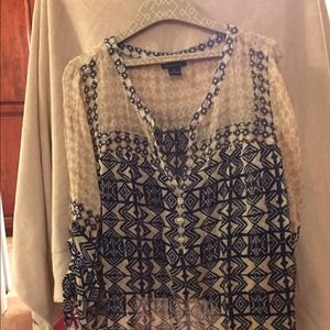 Lucky Brand 2X plus sheer peasant top ivory & navy