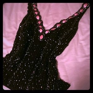 NWT Cache Silk Black Bead Pink Satin