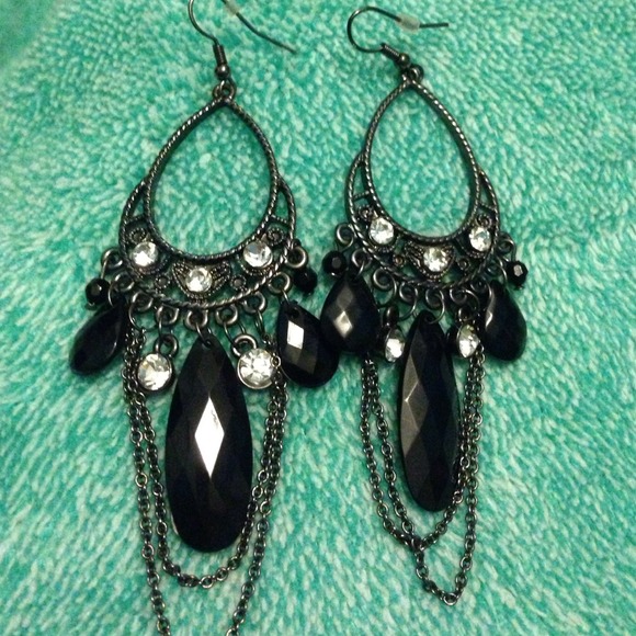 Long black bead and diamond earrings