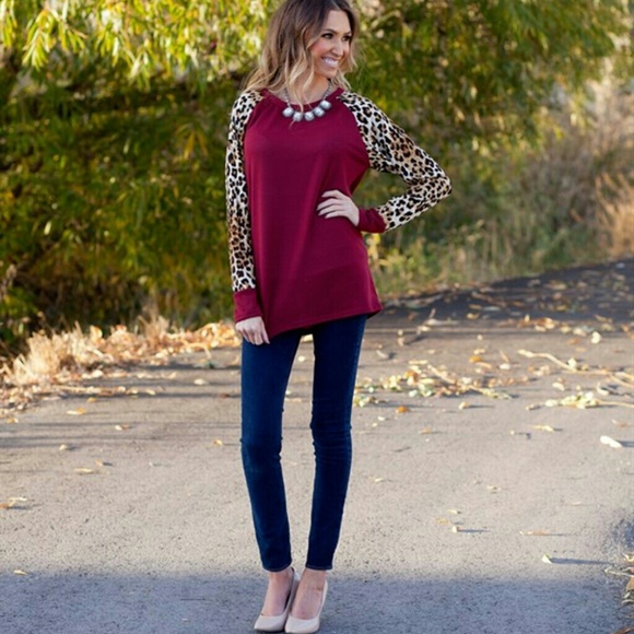 Tops - Cranberry leopard contrast top - L