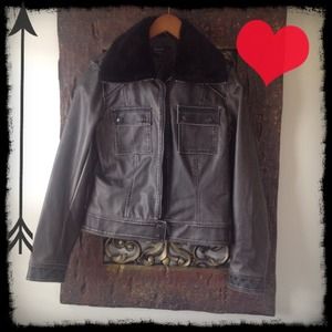 Faux leather bomber jacket with faux fur collar