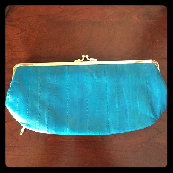 Eel skin turquoise clutch purse by Latico.