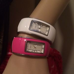 Quartz hot pink and white cuff watches! 💖👗💄👛👠