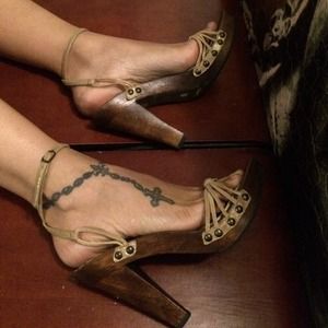 Gold heels with a wood platform