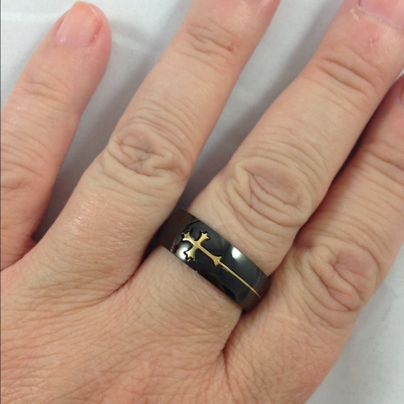 Black titanium band with gold cross