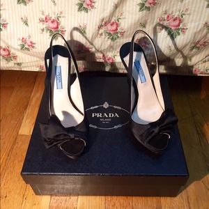 PRADA sling back open toe pumps with bow