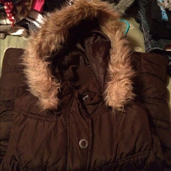 Brown vest with removable hood.