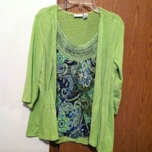 Green and blue 3/4 sleeve knit blouse