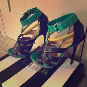 L.A.M.B black and green sandal heels