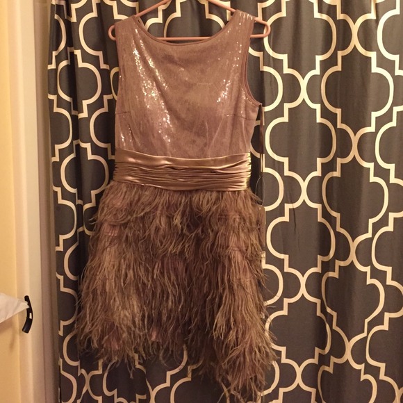 SOLD Jovani 12 Champaign Feather Dress - Picture 1 of 4