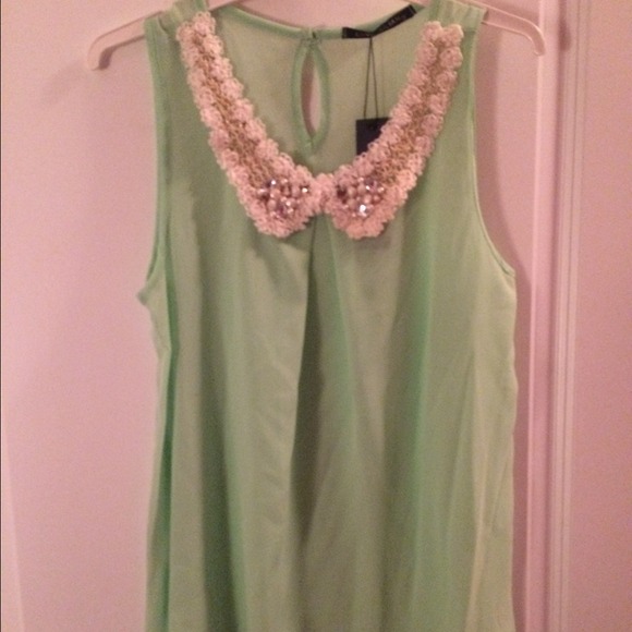 Mint Green Lace Embellished Collar Shirt