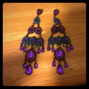 Gold, purple & teal chandelier earrings