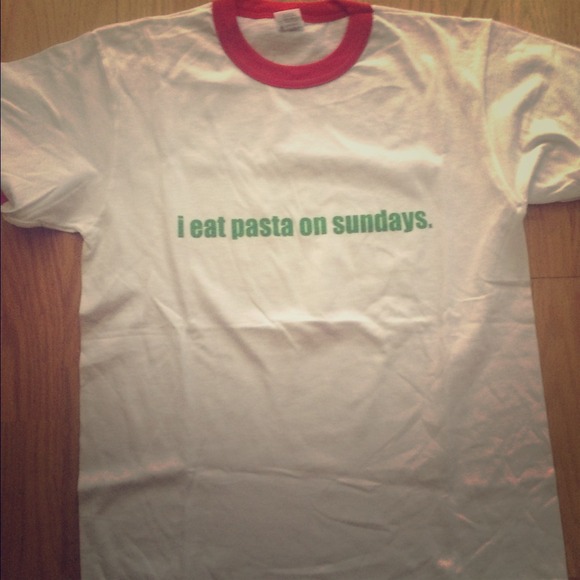 White tee shirt with I eat pasta on Sundays.