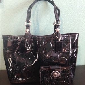 Black patent leather Coach bag and matching wallet