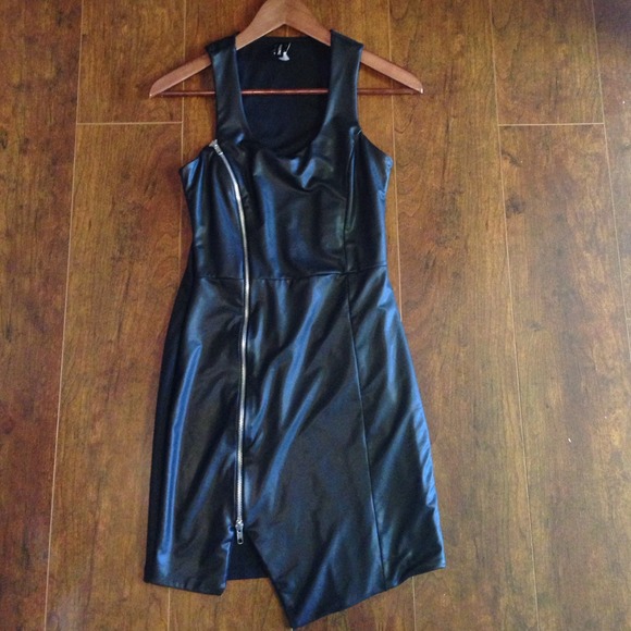 Black leather-look zip-up dress