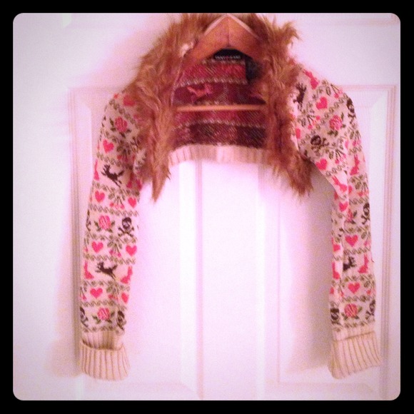 DKNY shrug sweater with faux fur collar