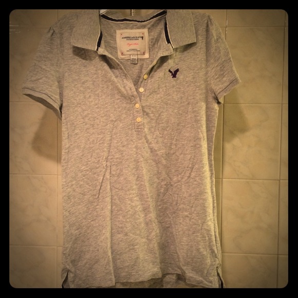 American Eagle Grey polo shirt purple accent
