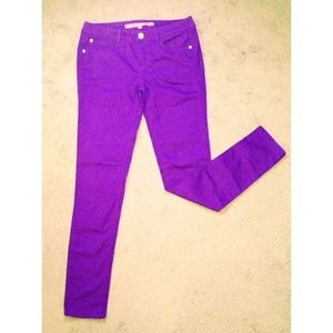 purple pants, skinny jeans