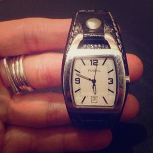 Fossil watch with black leather band