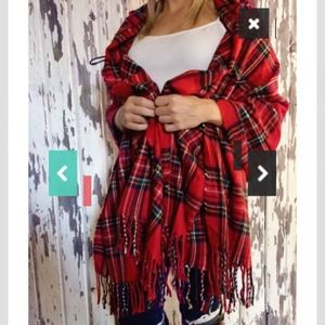 PLAID FRINGE HOODIE PONCHO