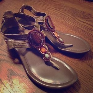 Brown Bejeweled Heeled Sandals