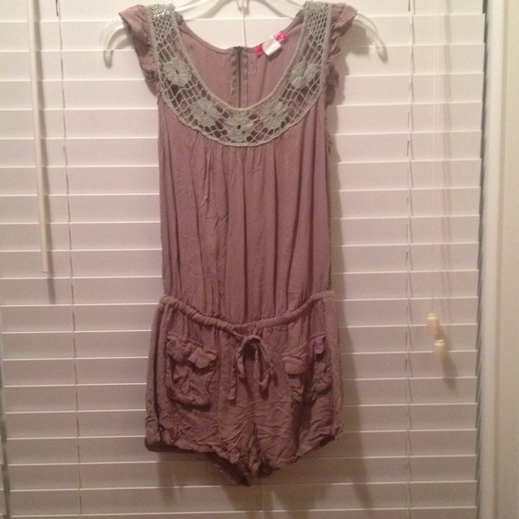 Brown Shorts Romper With Lace Neckline