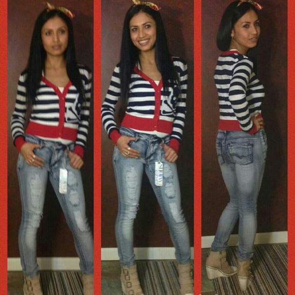 NWT Skull Navy Stripes Red Trim cardigan