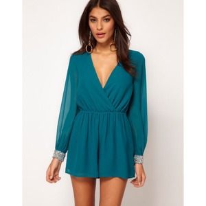 ASOS Playsuit with Embellished Cuff in Teal